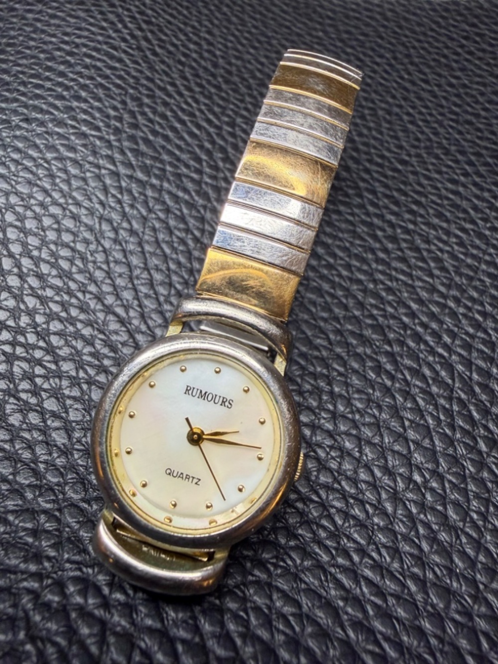 VTG Rumours Two Tone Stainless Steel Stretch Mother of Pearl Quartz Watch 6.5"